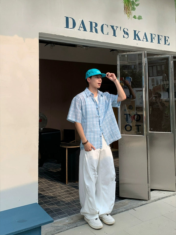 Rutete kortermet uformell skjorte med knapper 