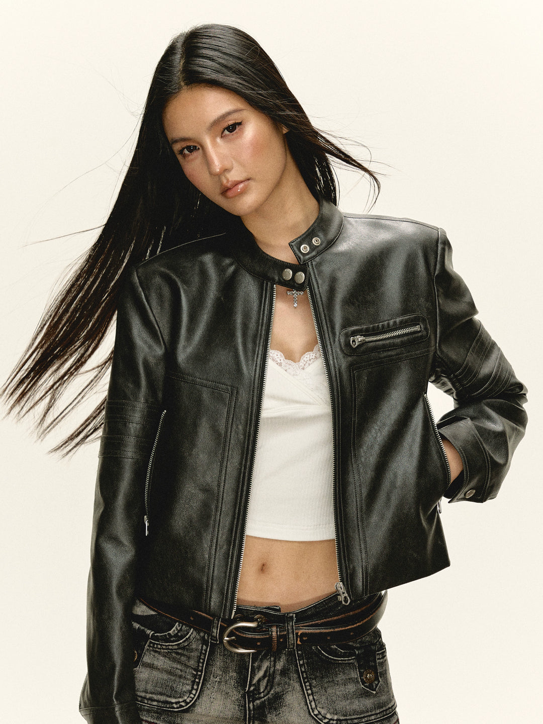 PU Leather Short Zip-Up Jacket