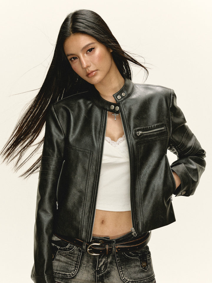 PU Leather Short Zip-Up Jacket