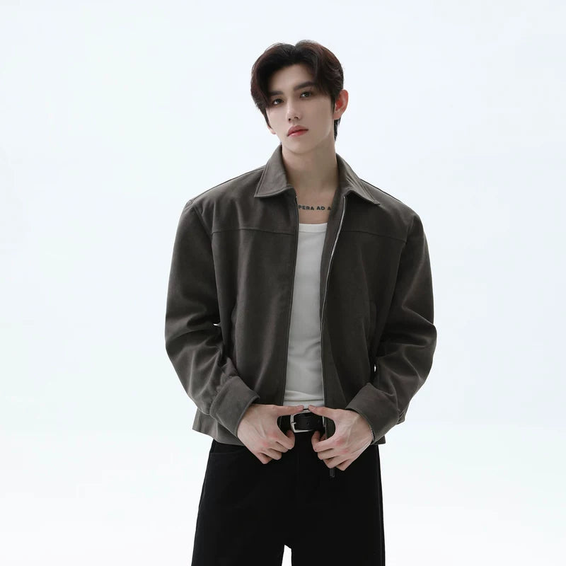 Suede Textured PU Zip Lapel Jacket