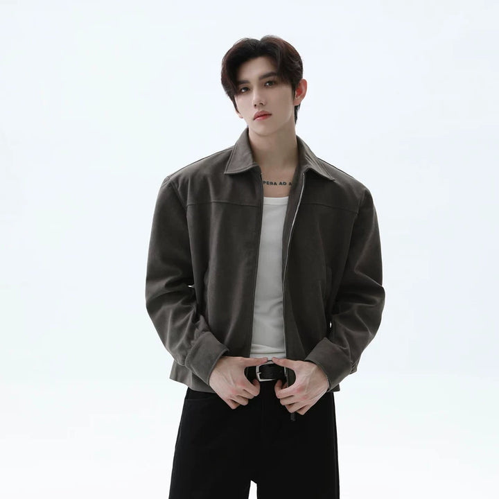 Suede Textured PU Zip Lapel Jacket
