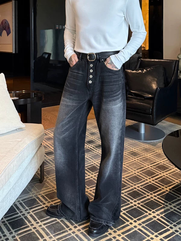 Yıpranmış Geniş Paça Düğmeli Kot Pantolon 