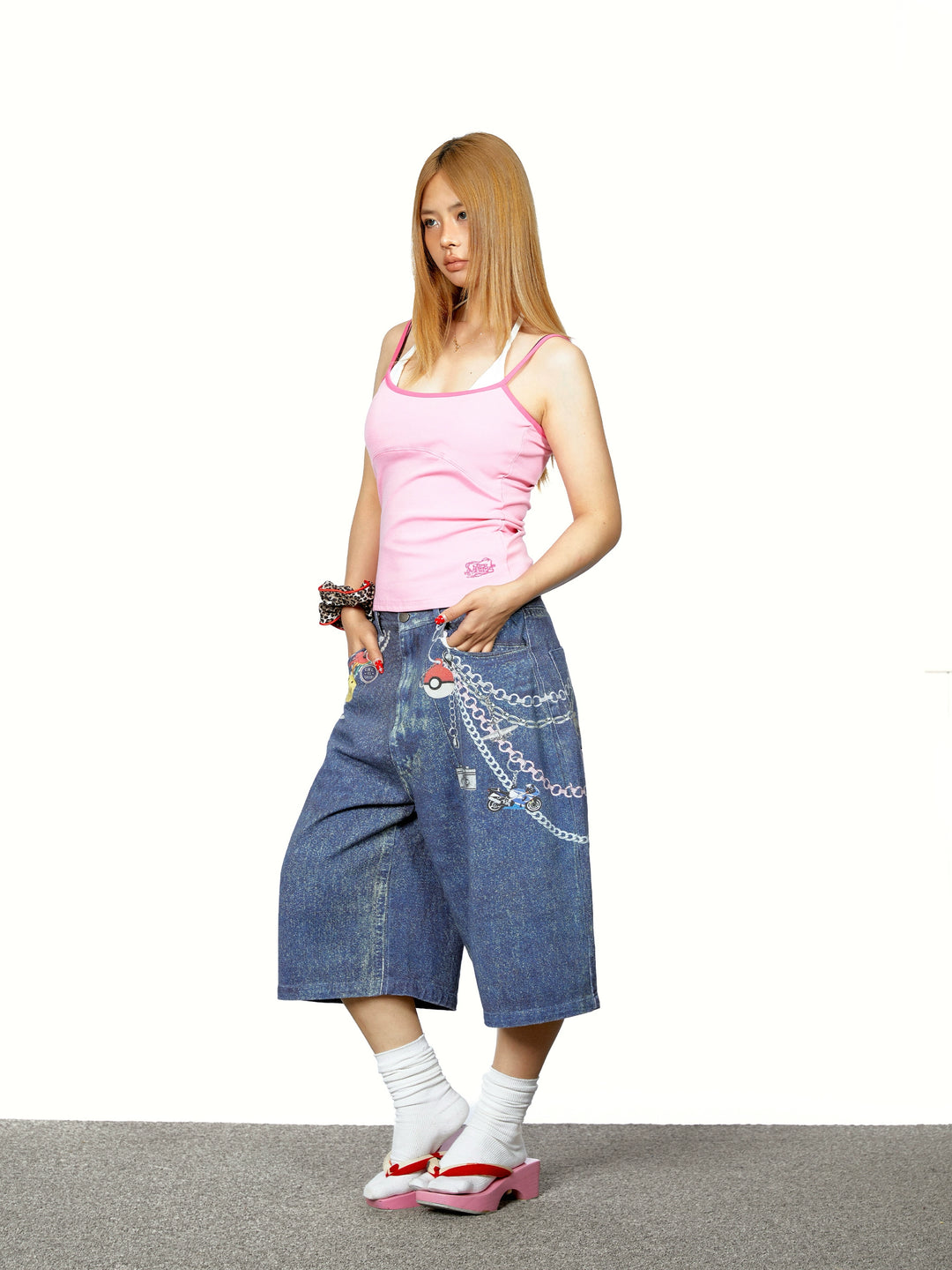 3D Chain Print Wide-Leg Denim Pants