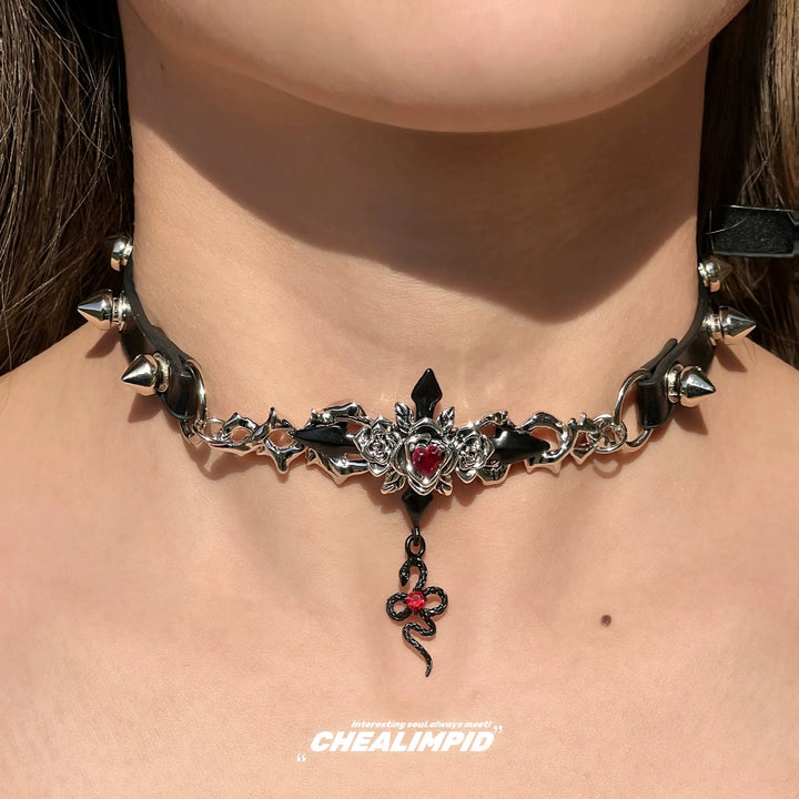 Spiked Rivet Ruby Snake Choker Necklace