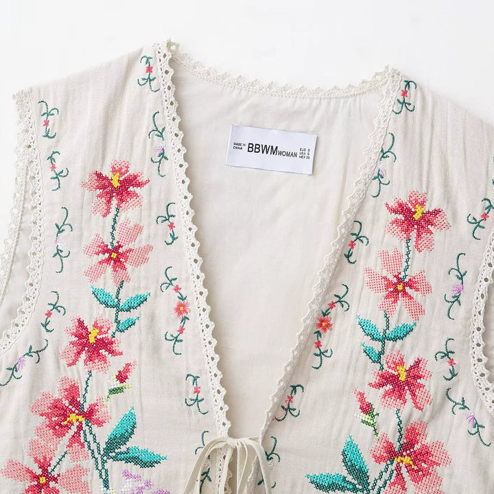Cotton Floral Embroidered Tie Front Vest