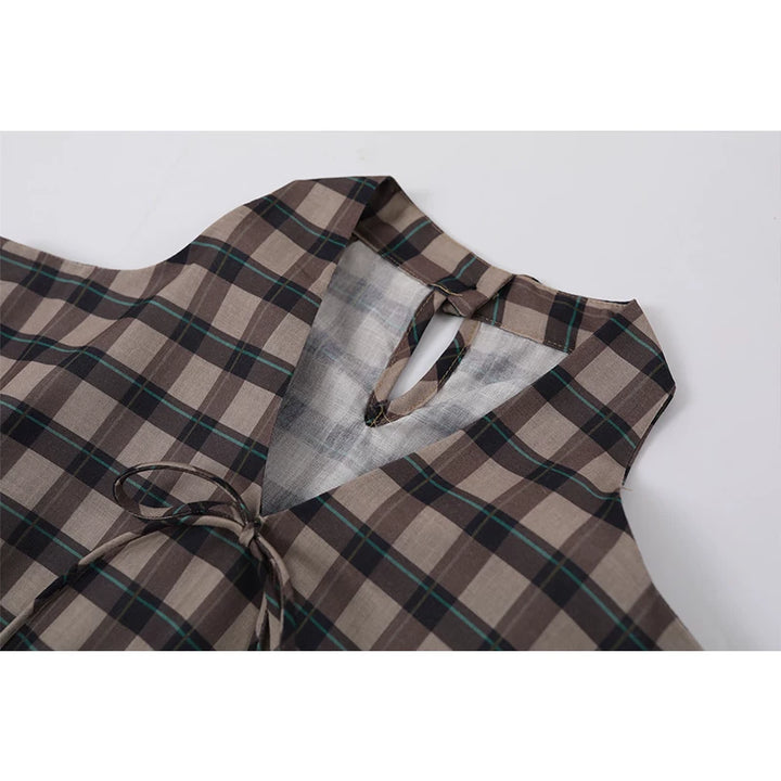 Blusa de manga larga de cuello en V con hombros al aire de cuadros 