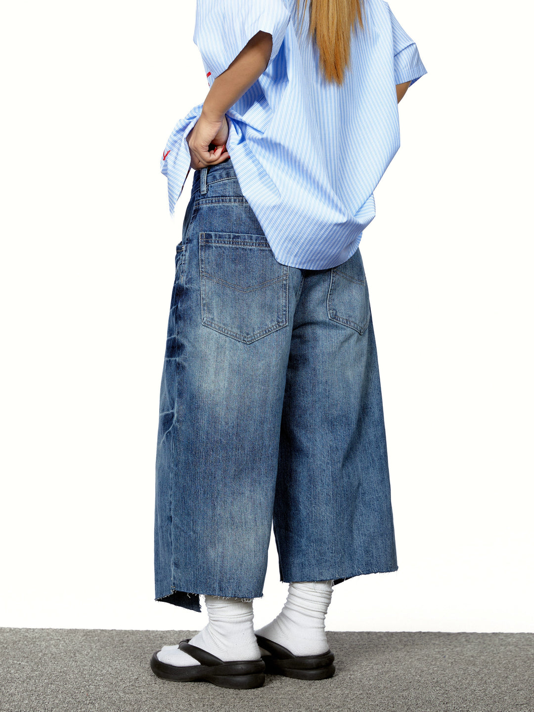 Irregular Beaded Denim Cropped Wide Pants