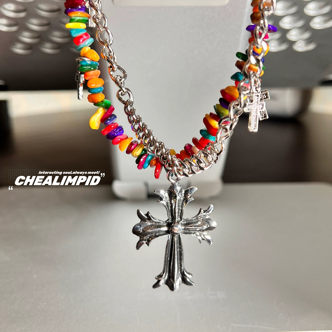 Cross Pendant Multi-Layer Beaded Necklace