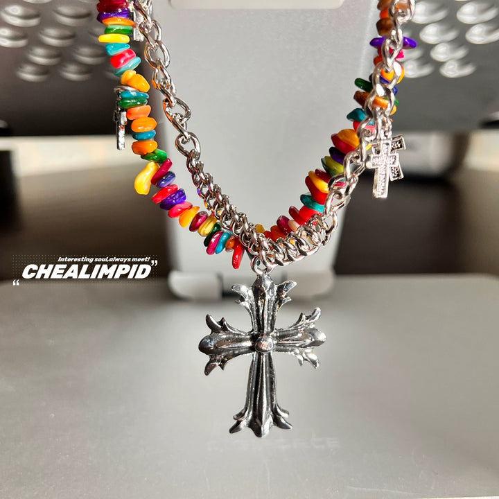 Cross Pendant Multi-Layer Beaded Necklace