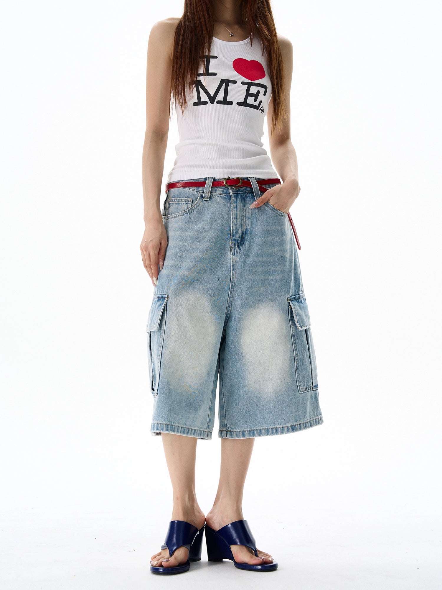 Wide-Leg Cropped Denim Cargo Pants