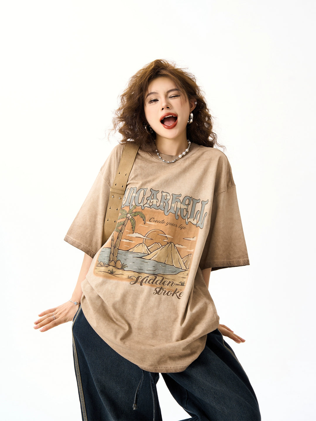 T-shirt surdimensionné avec impression de paysage en détresse 