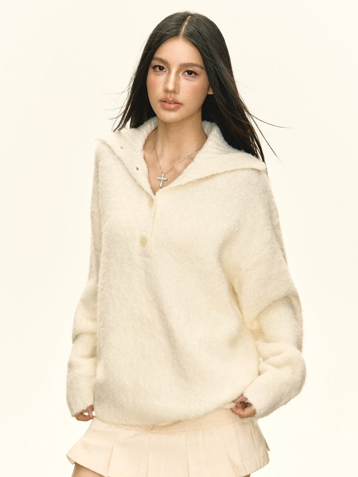 Button Fuzzy Knit Hooded Sweater