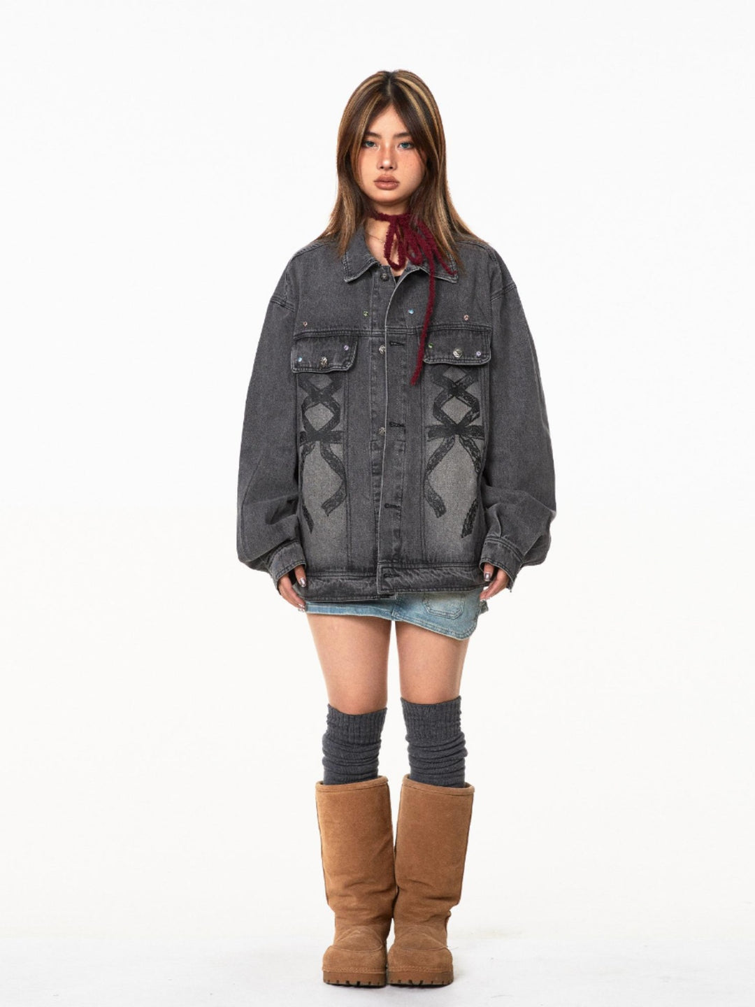 Retro Bow Print Denim Jacket