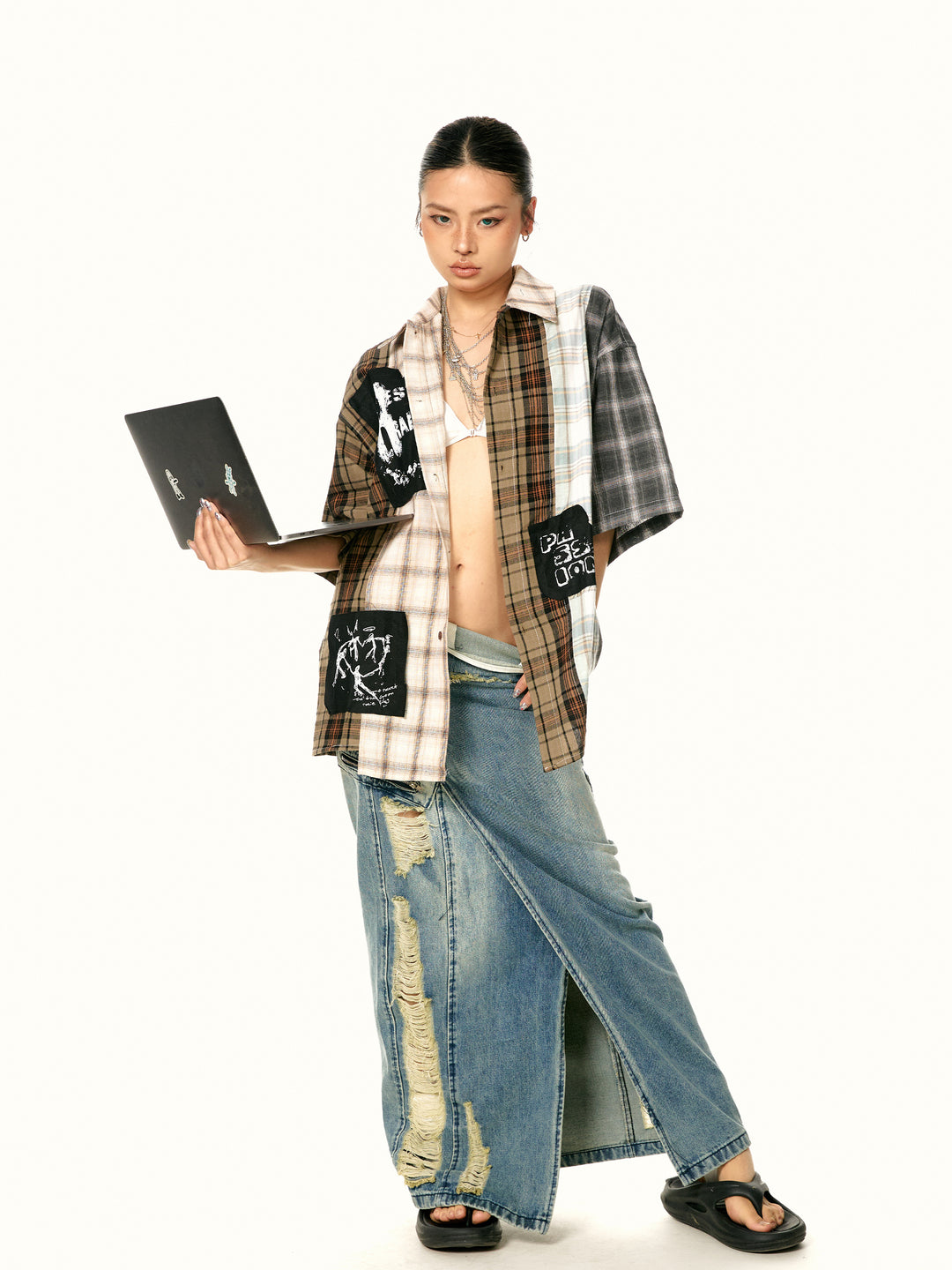 Patchwork Plaid Short Sleeve Shirt
