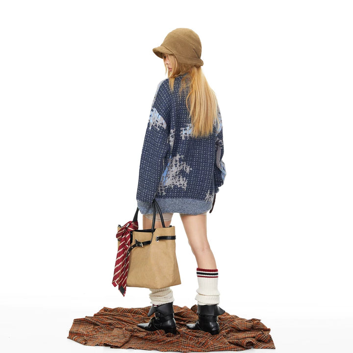 Mosaic Knit Crew Neck Loose Pullover