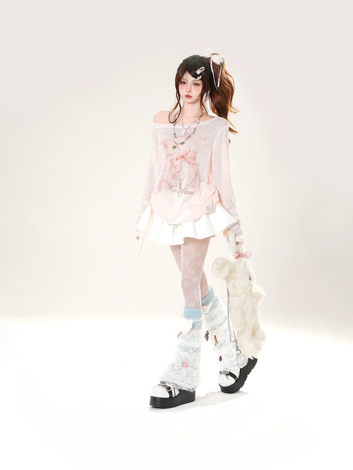 Cat Print Sheer Knit Hollow Top