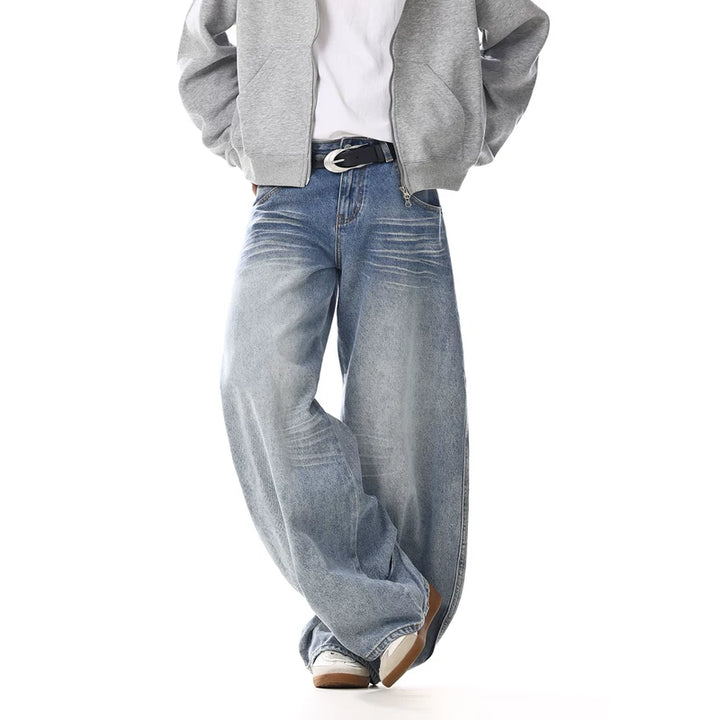 고통스러운 와이드 레그 레트로 워시드 진 바지 