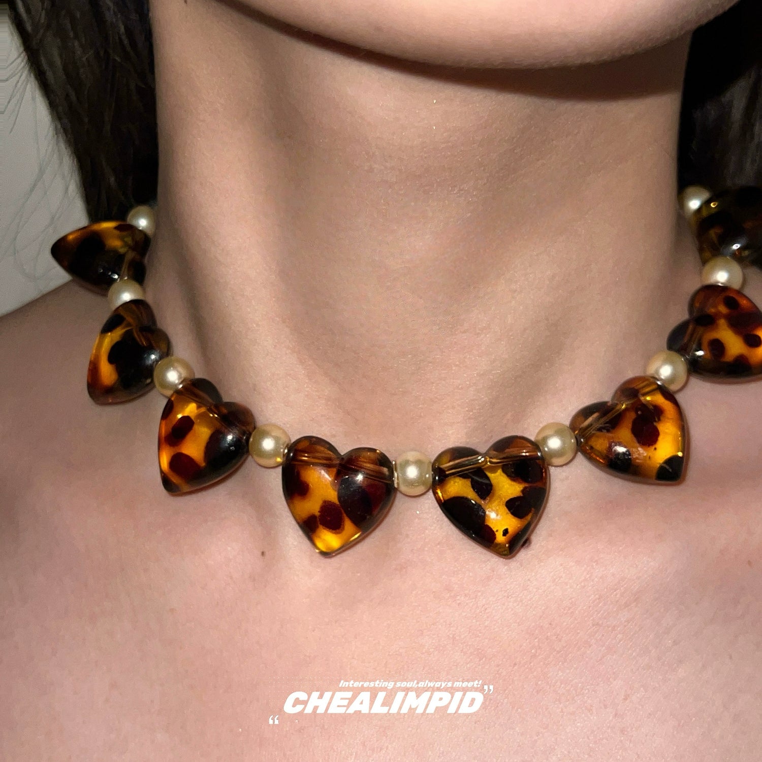 Leopard Heart Pearl Choker Necklace