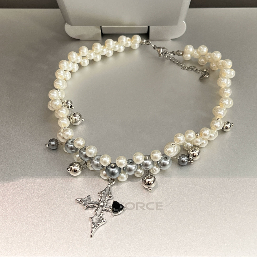 Pearl Cross Pendant Beaded Choker