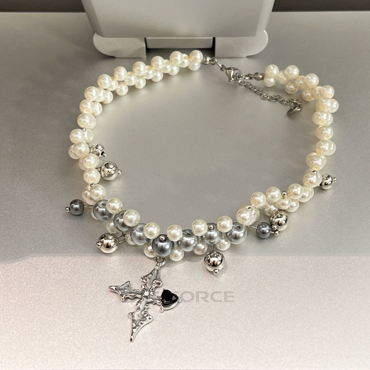 Pearl Cross Pendant Beaded Choker
