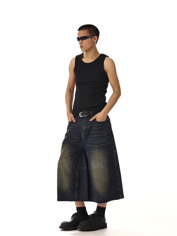 Weite leg lässige Denim Sieben-Punkte-Hosen 