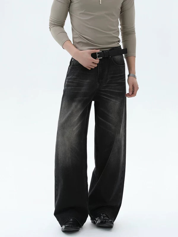 ダメージ加工ワイドレッグストレートジーンズパンツ 