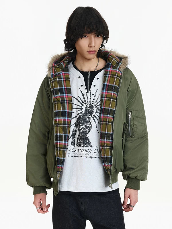 Plaid Lined Fur Hood Puffer Bomber Jacket