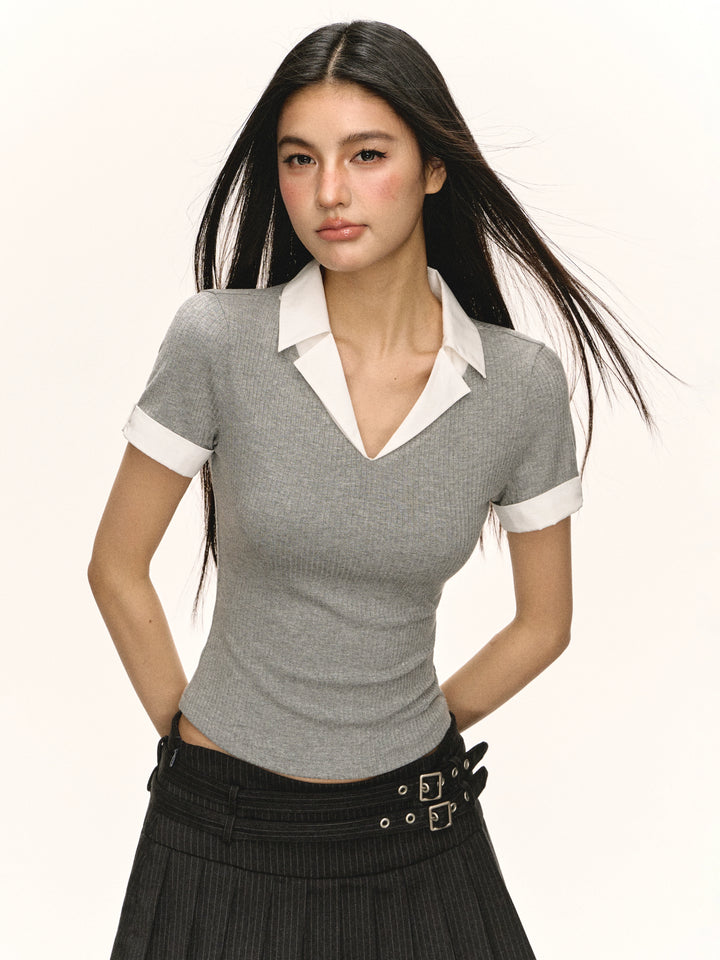 Slim Fit Lapel Short Sleeve Top