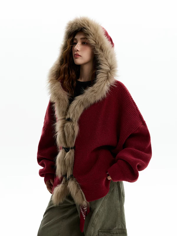 Cárdigan de punto con capucha y borde de piel sintética 