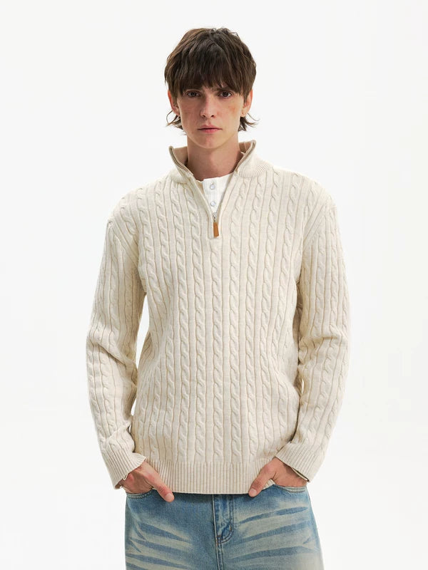 Maglione in cashmere a mezza zip con lavorazione a trecce 