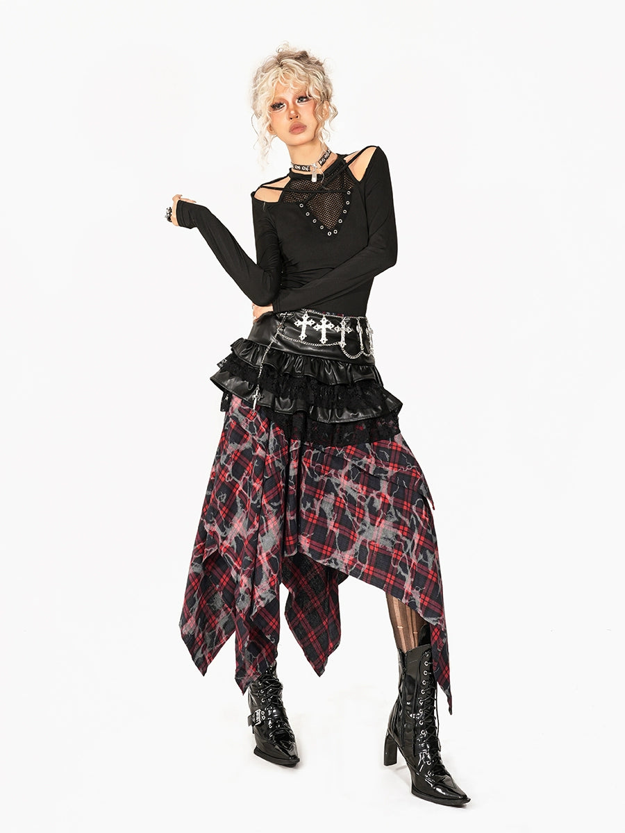 Plaid Punk Irregular Splicing A-Line Skirt