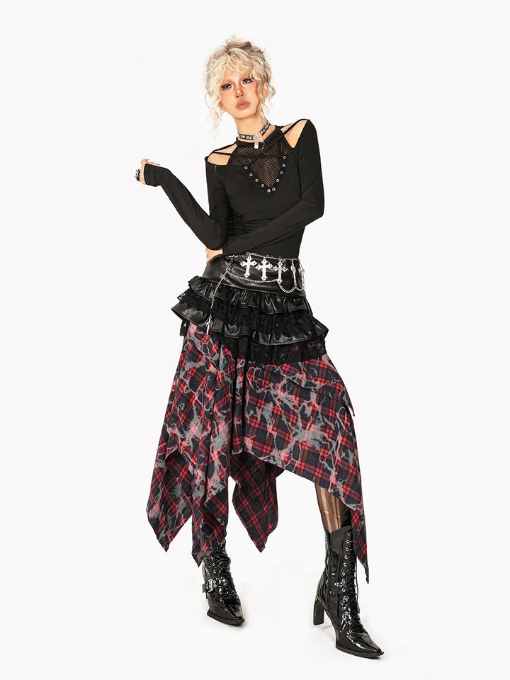 Plaid Punk Irregular Splicing A-Line Skirt