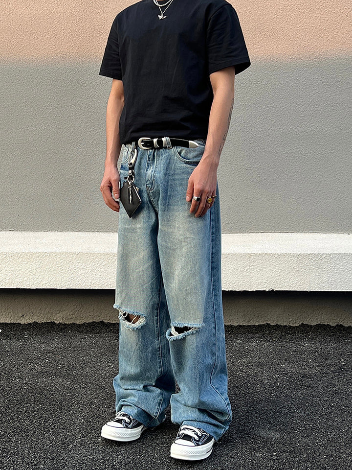 Wide-Leg Ripped Casual Jeans
