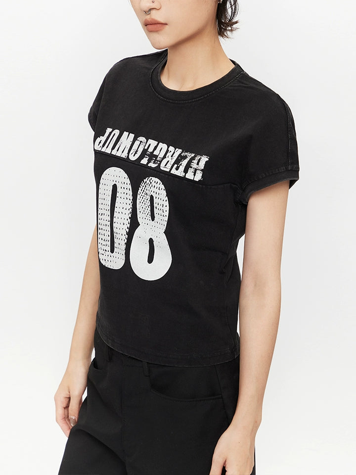 T-shirt à manches courtes en coton usé avec lettre rétro 