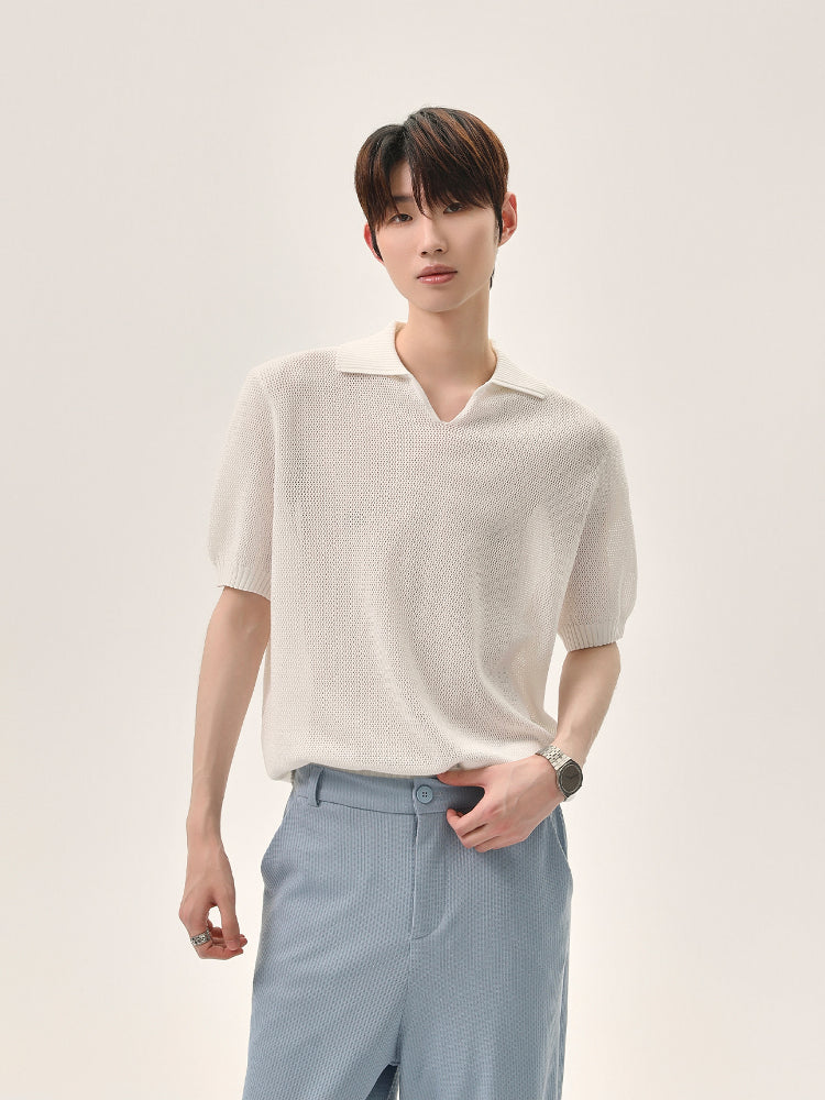 Knitted Lapel Short-Sleeve Pullover