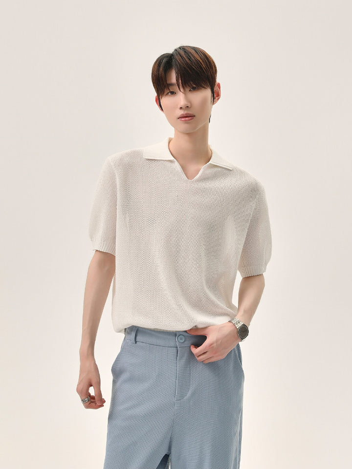 Knitted Lapel Short-Sleeve Pullover