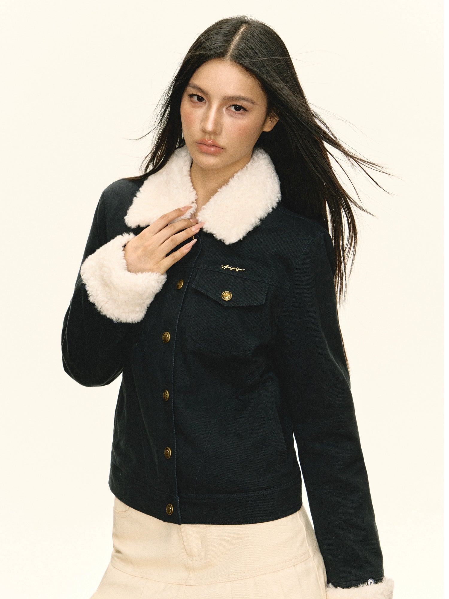 Cotton Shearling Collar Button-Up Coat