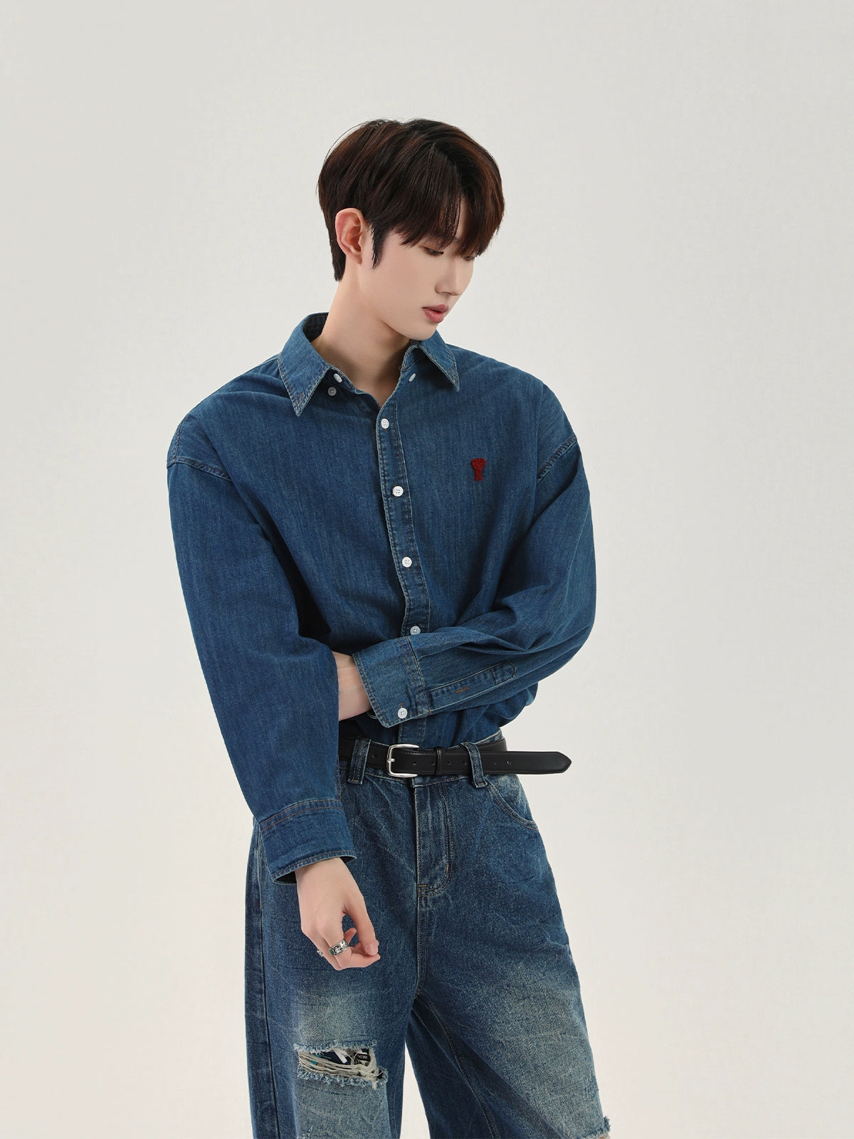 رجال's قميص جينز مزعج بأكمام طويلة 