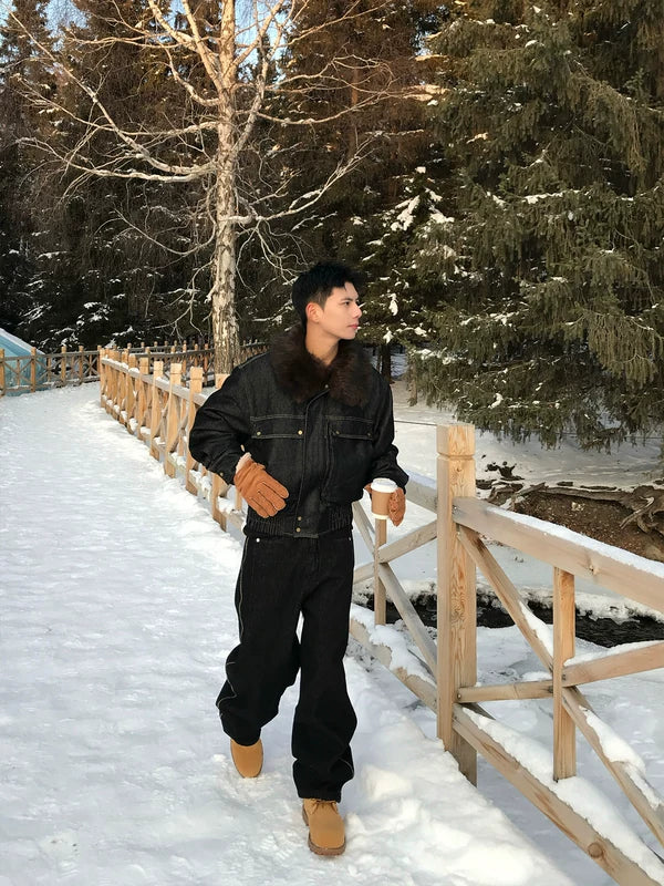 Veste en denim d'hiver avec col en fourrure pour la rue 