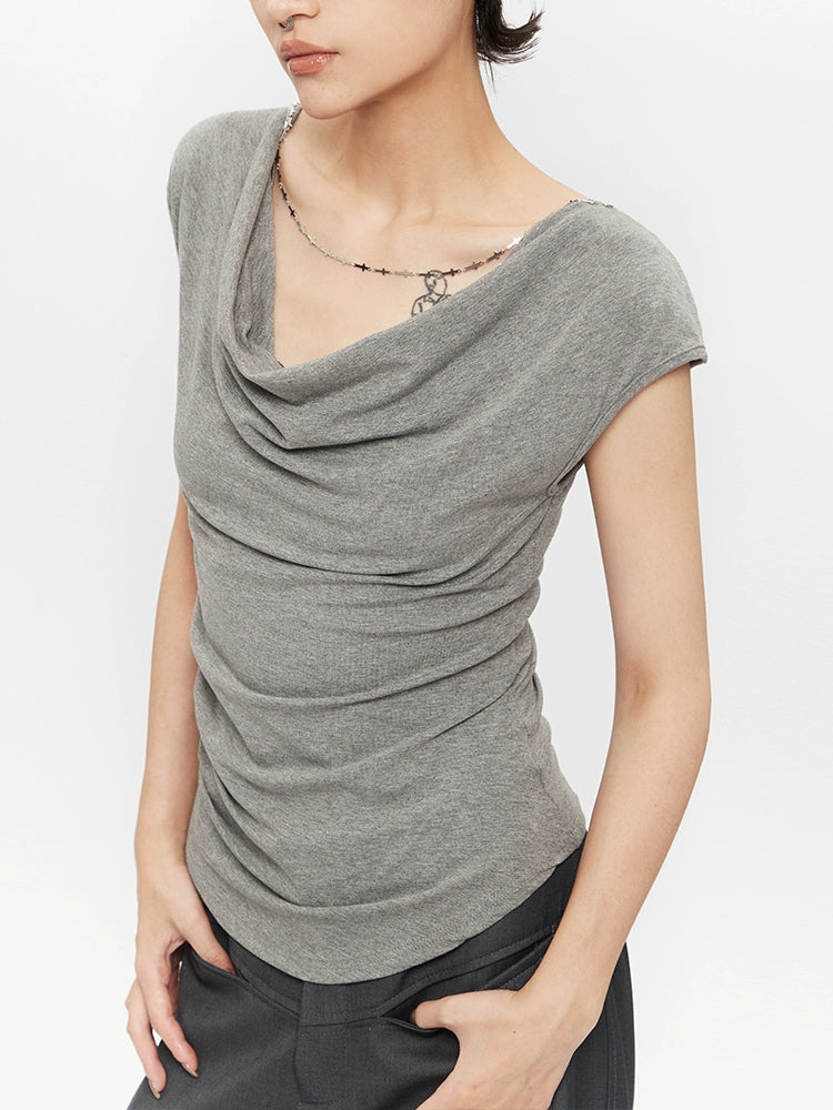 Draped Neck Slim Fit Cap Sleeve Top