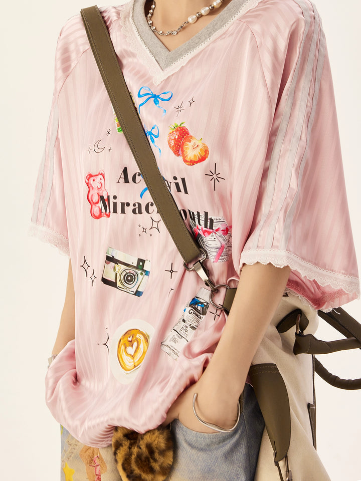 Lace V-Neck Graphic Jersey T-Shirt