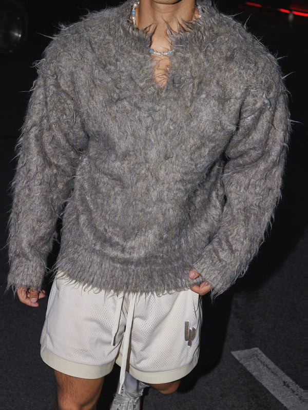 Retro Fuzzy V-ringad Mink Fleece Tröja 