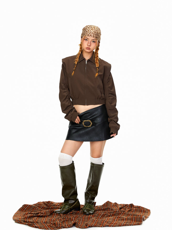 Padded Shoulder Cropped Leather Jacket