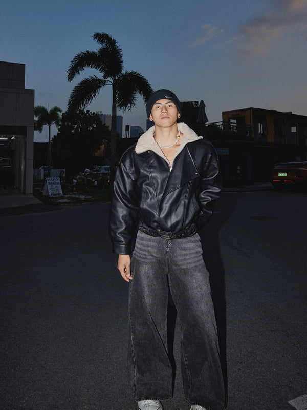 Retro faux läder motorcykeljacka med Sherpa 