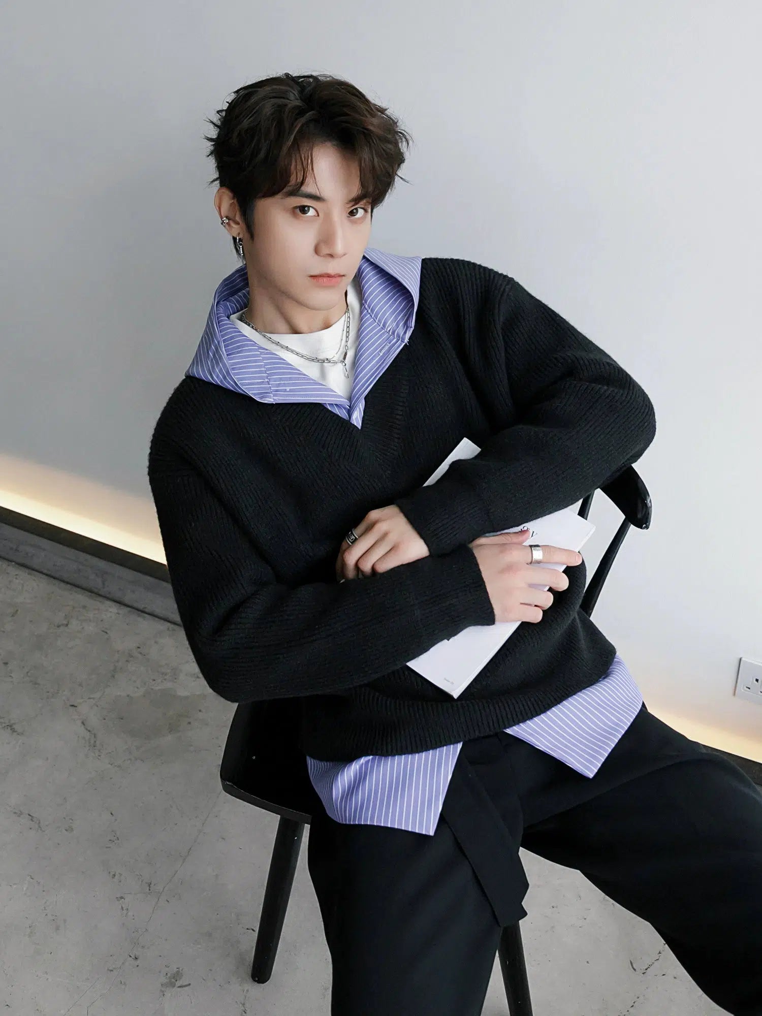 Blue Striped Patchwork Hooded Sweater