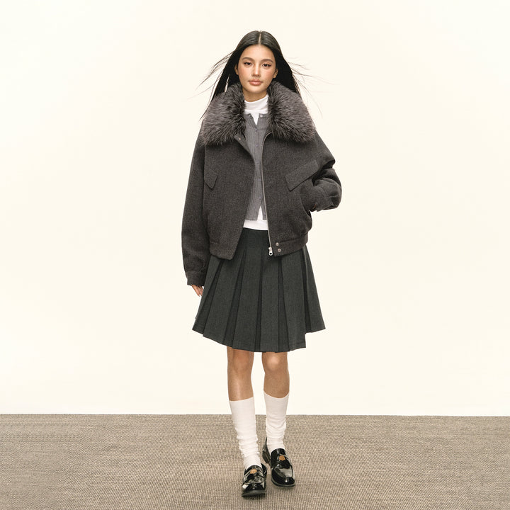 Button Pleated Midi Skirt