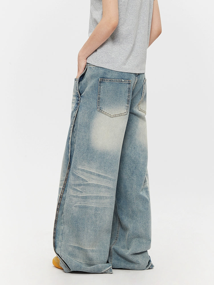 Wide-Leg Distressed Washed Straight Jeans