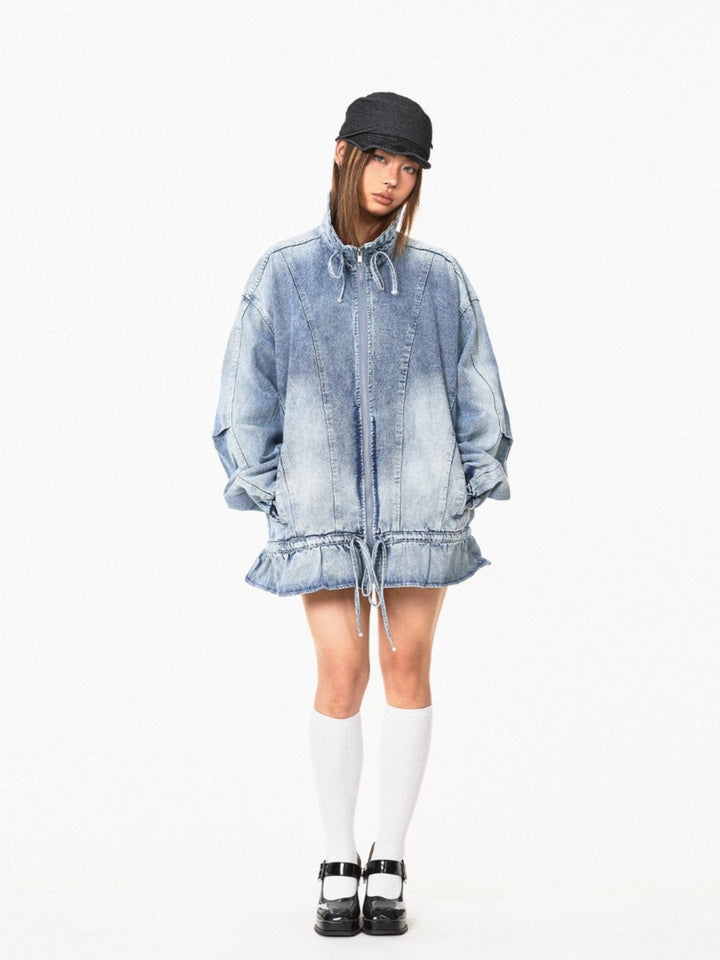 Denim Stand Collar Jacket with Ruffled Hem