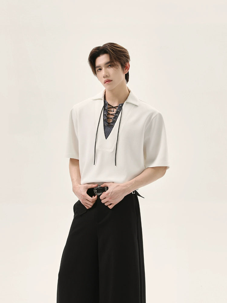 Slim Fit Lapel Drawstring Short Sleeve Pullover