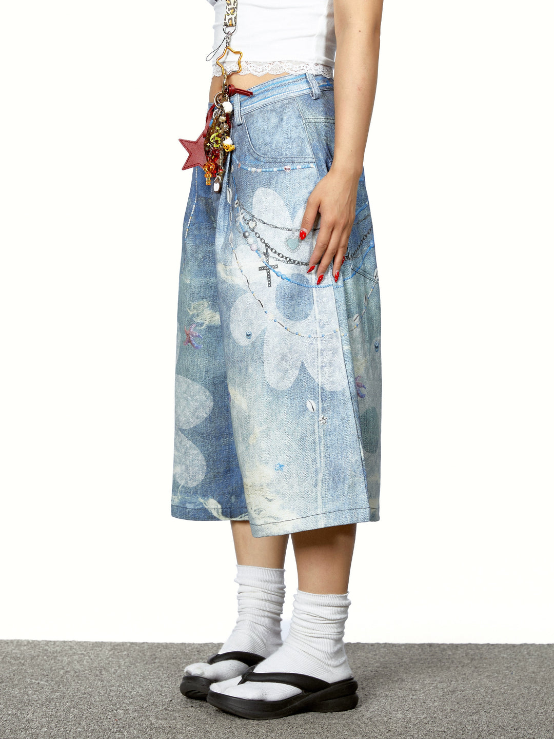 3D Flower Print Cropped Denim Pants